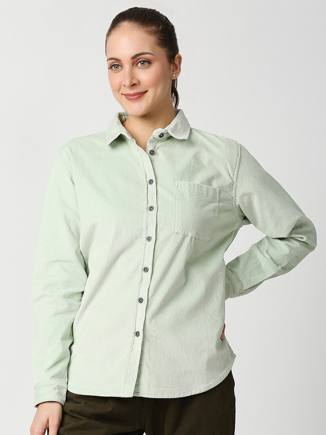 Blamblack Women Super Slim Fit Casual Shirt, Green
