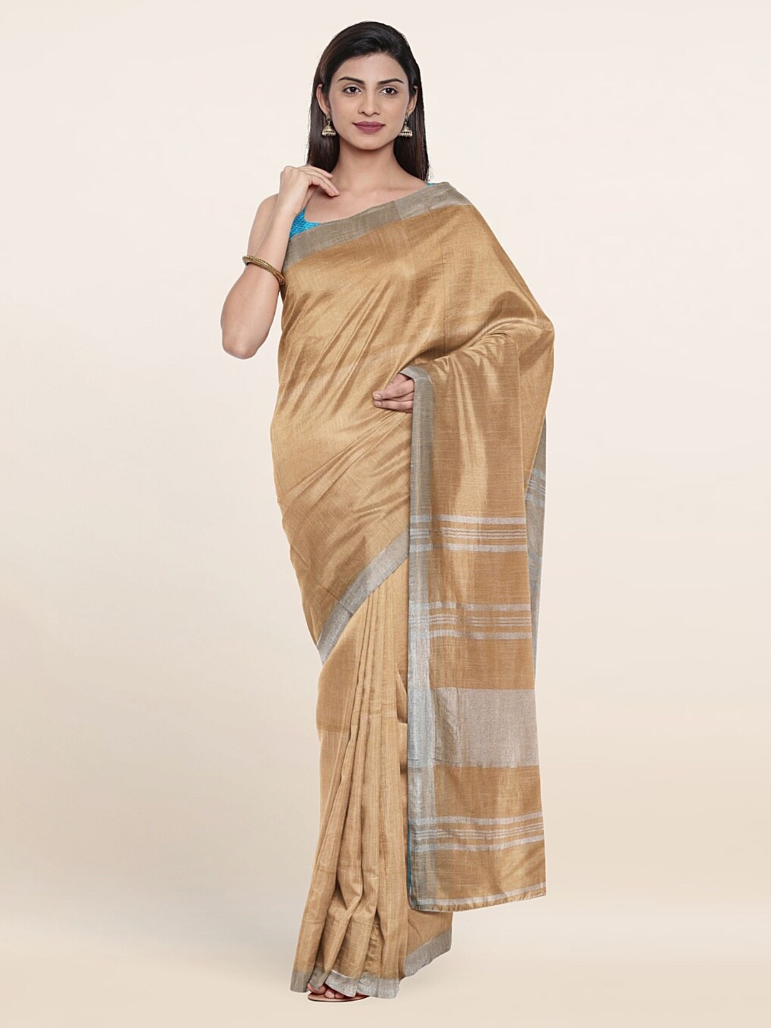 Pothys Beige & Silver-Toned Zari Linen Blend Saree