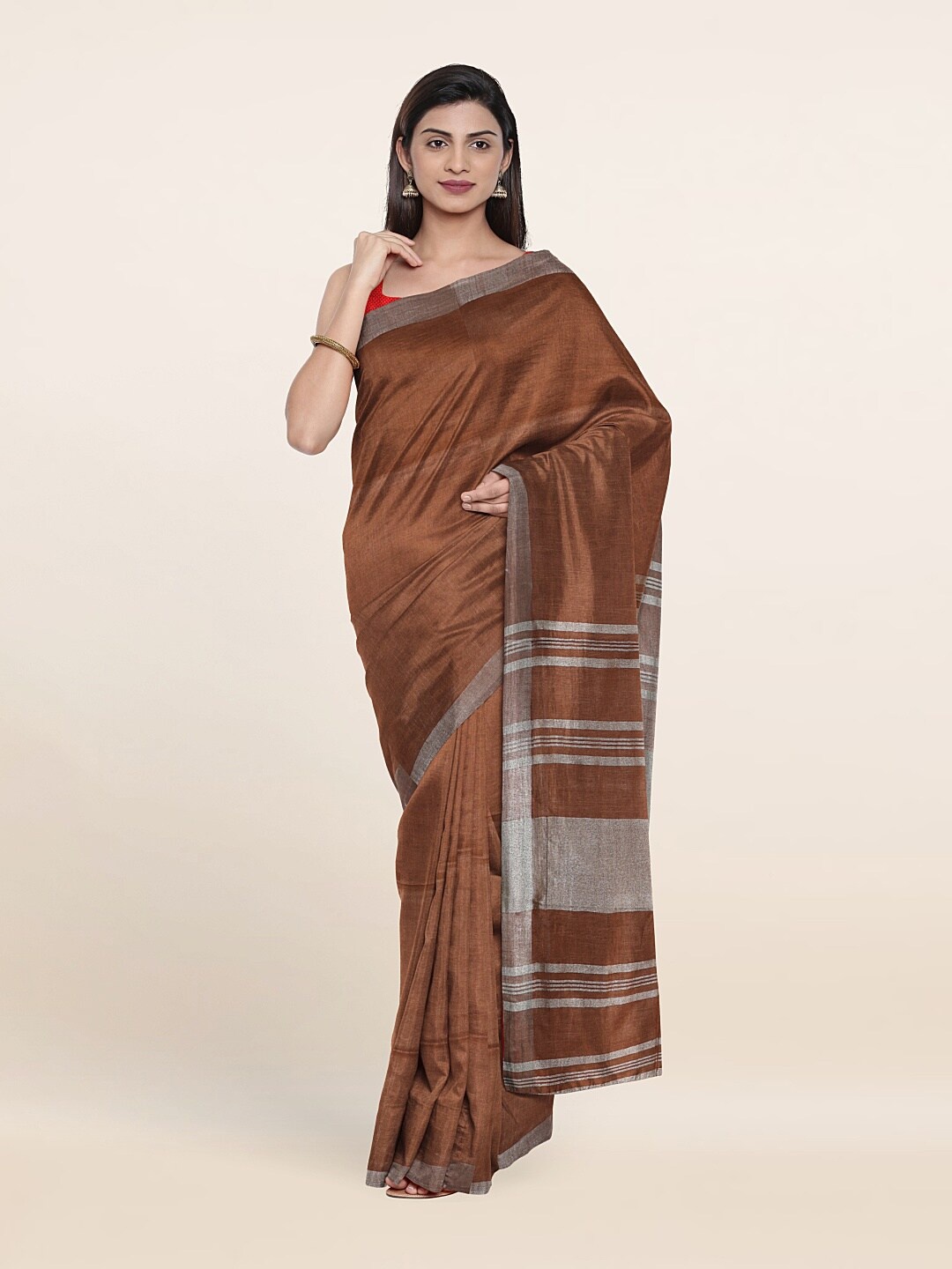 Pothys Brown & Silver-Toned Zari Linen Blend Saree
