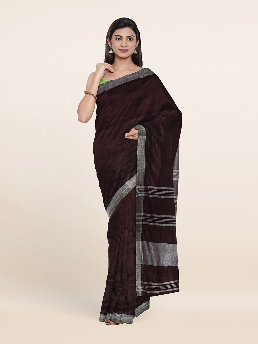 Pothys Zari Linen Blend Saree, Brown