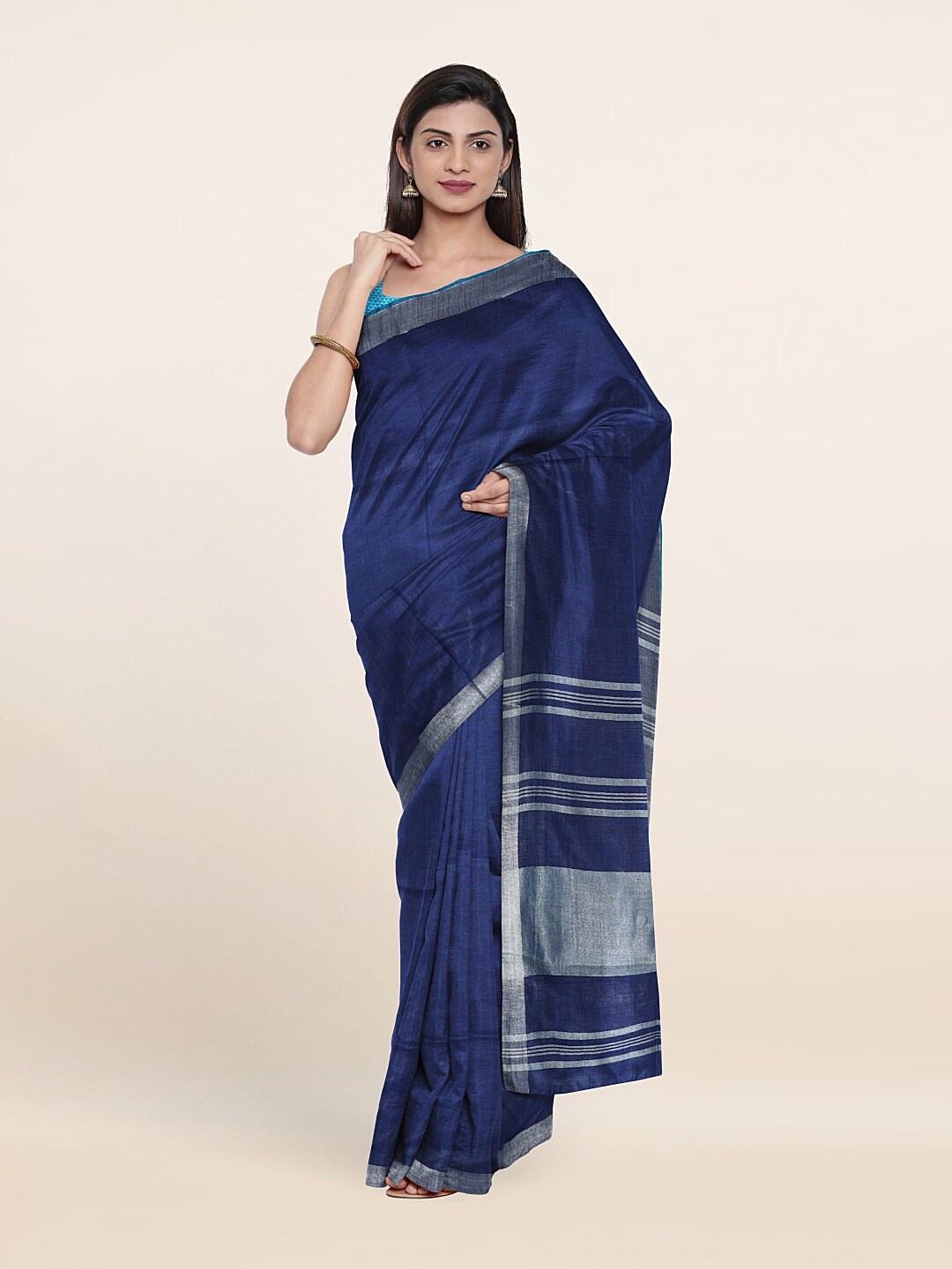 Pothys Zari Linen Blend Saree, Blue