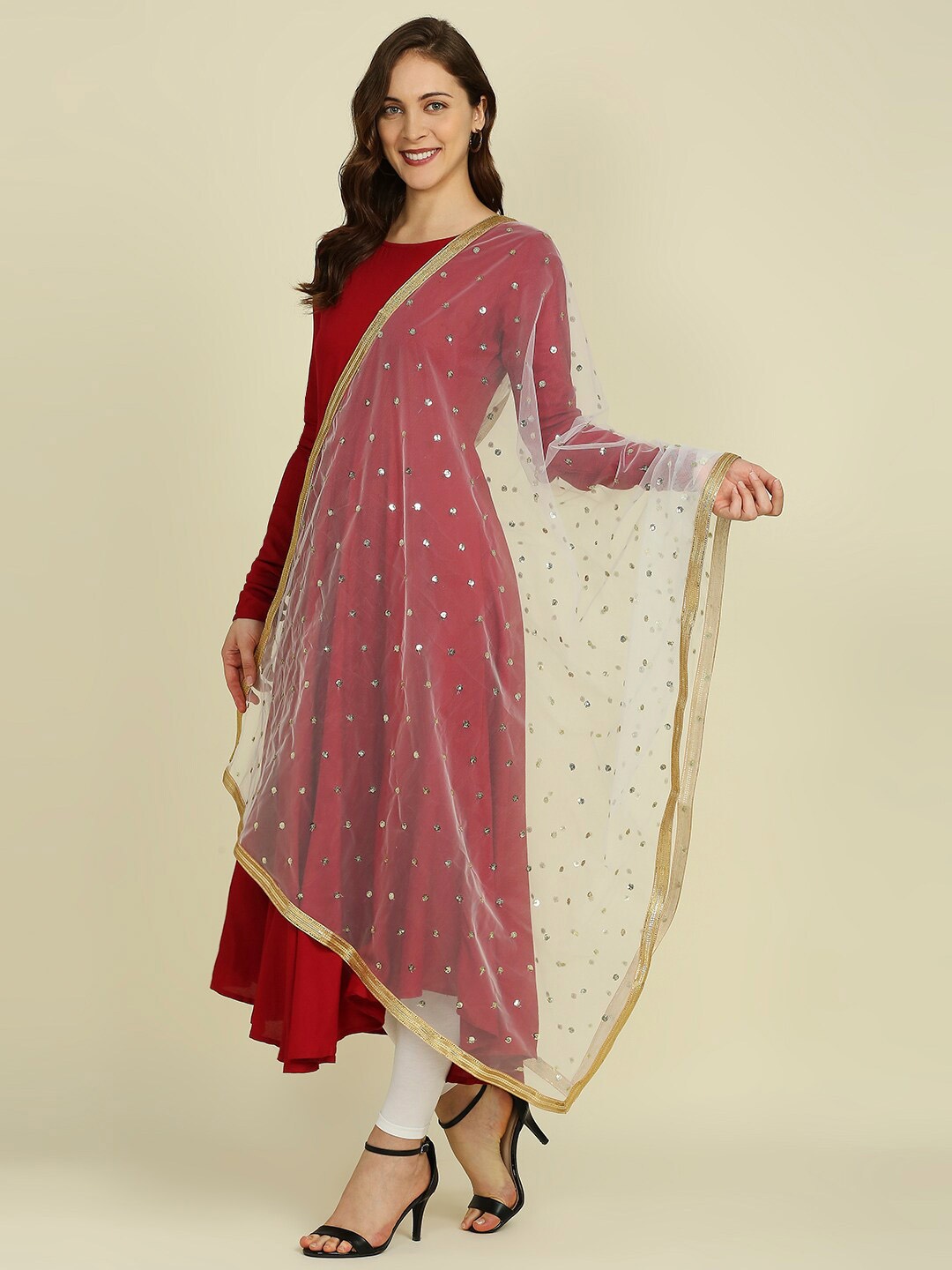 Dupatta Bazaar Sequins Embroidered Net Dupatta, White