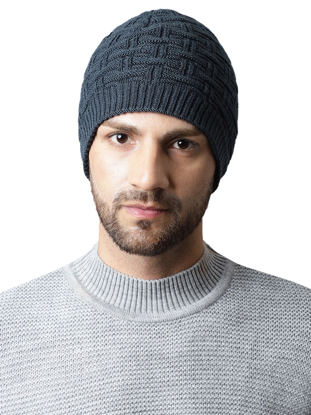 ELLIS Men Acrylic Self Design Beanie, Grey