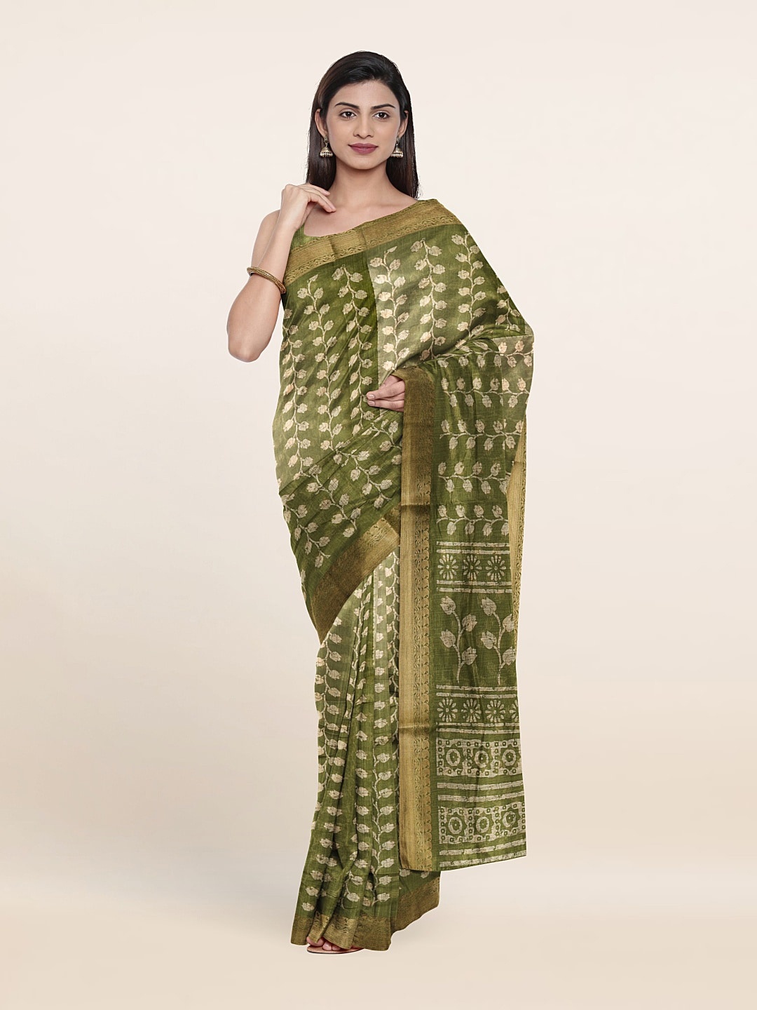 Pothys Floral Printed Zari Saree, Green