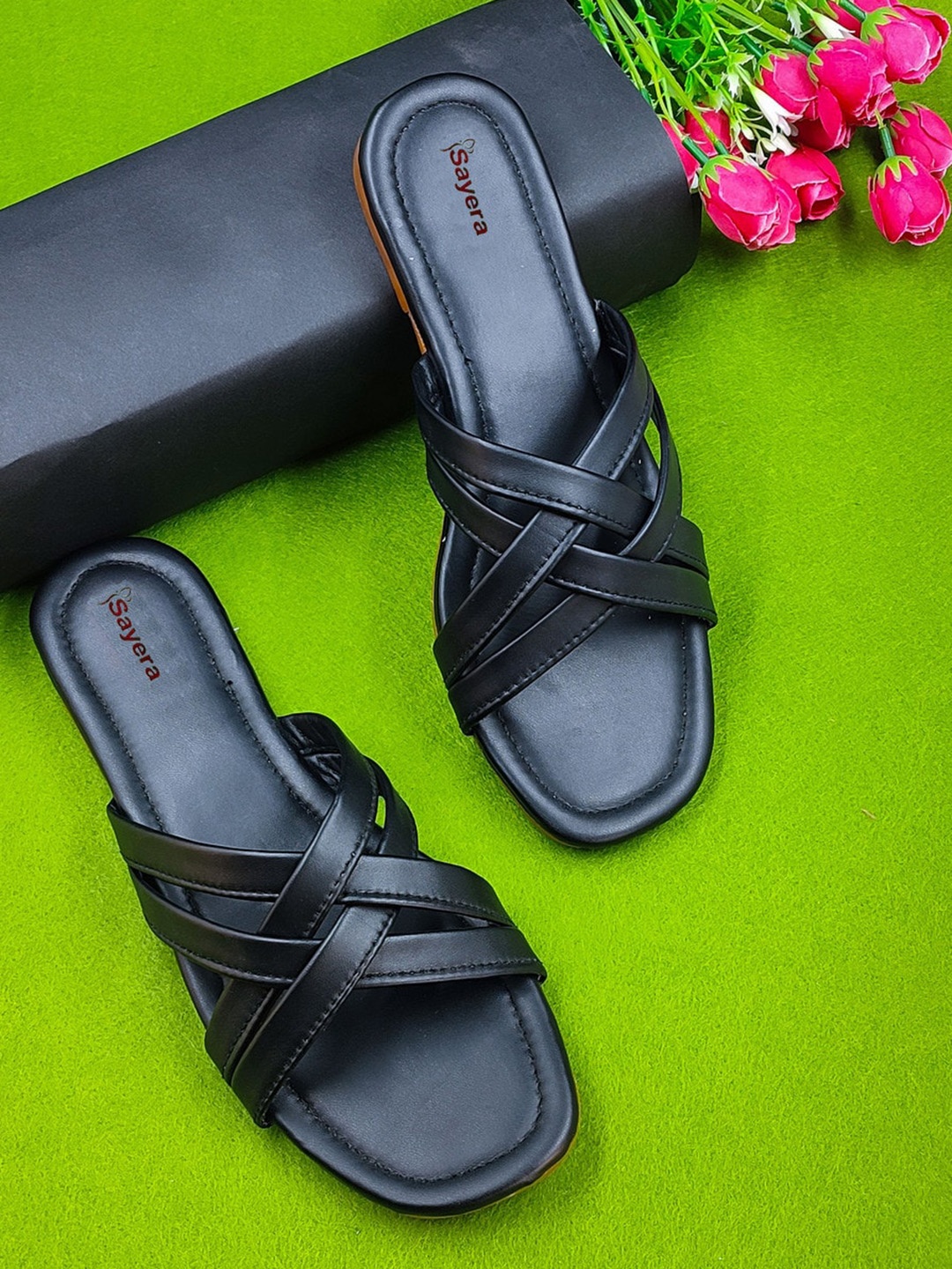 Sayera Women Open Toe Flats, Black