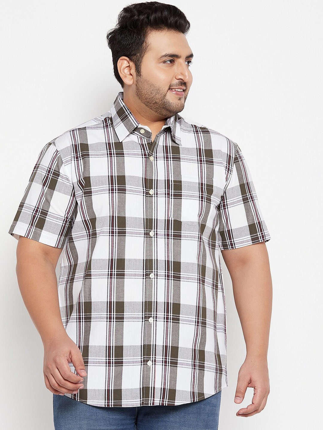 bigbanana Men Rullen Plus Size Tartan Checks Pure Cotton Casual Shirt, White