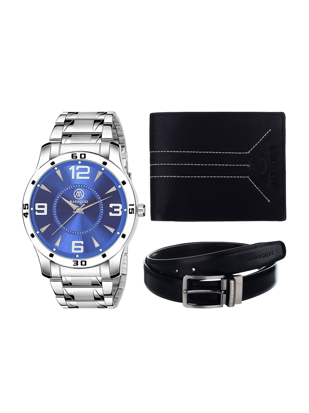 MARKQUES Men Solid Leather Accessory Gift Set, Silver