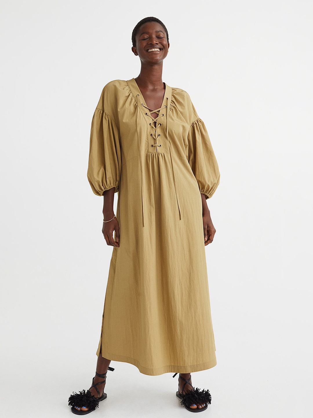 H&M Solid Tie-Up Neck Maxi Dress, Khaki