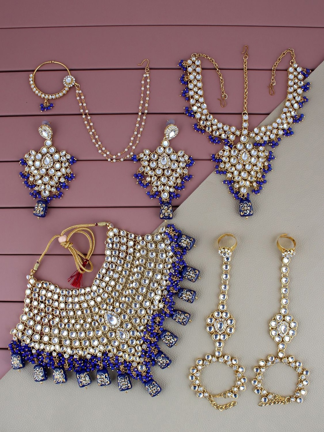 LUCKY JEWELLERY Gold-Plated Kundan Studded & Beaded Choker Bridal Jewellery Set, Blue
LUCKY JEWELLERY Gold-Plated Kundan Studded & Beaded Choker Bridal Jewellery Set, Blue