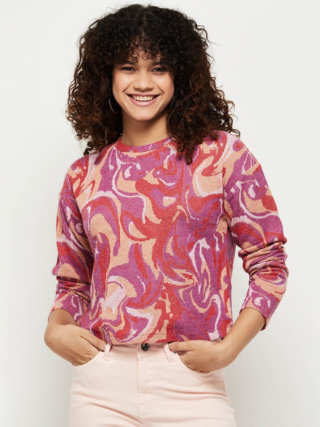 max Women Purpe and Peach Printed Sweatshirt, Purple