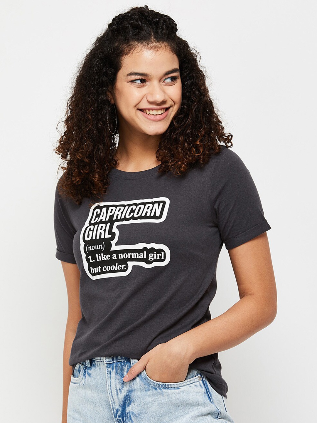max Women Typography Printed Pure Cotton T-shirt, Grey