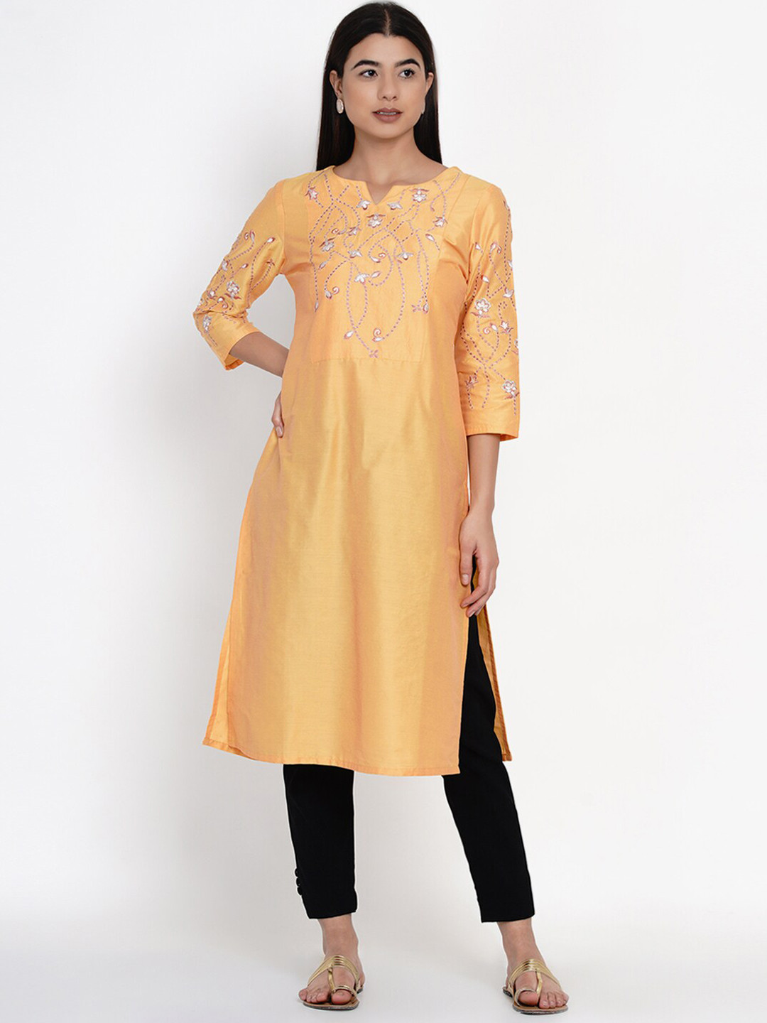 IX IMPRESSION Women Yellow Floral Embroidered Thread Work Floral Kurta 
IX IMPRESSION Women Yellow Floral Embroidered Thread Work Floral Kurta