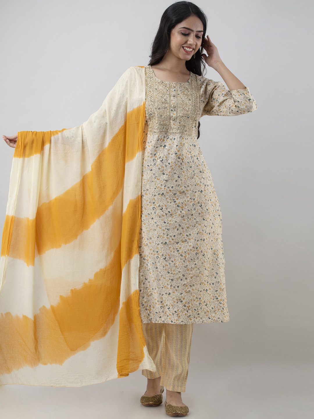 PREKSHA Women Yellow Floral Embroidered Sequinned Chanderi Silk Kurta with Trousers & With Dupatta
PREKSHA Women Yellow Floral Embroidered Sequinned Chanderi Silk Kurta with Trousers & With Dupatta