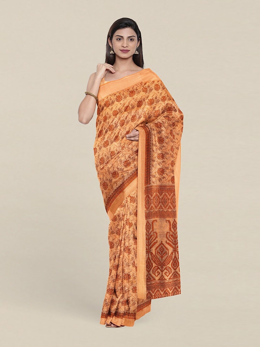 Pothys Peach-Coloured & Brown Floral Saree