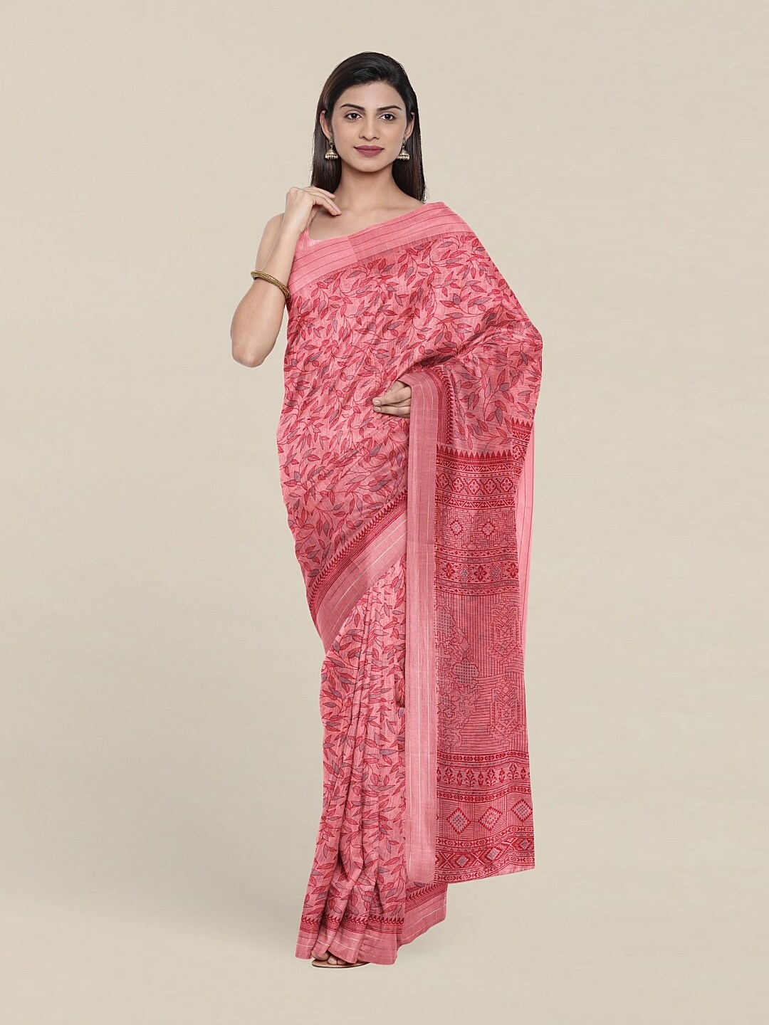 Pothys Pink & Grey Floral Printed Saree