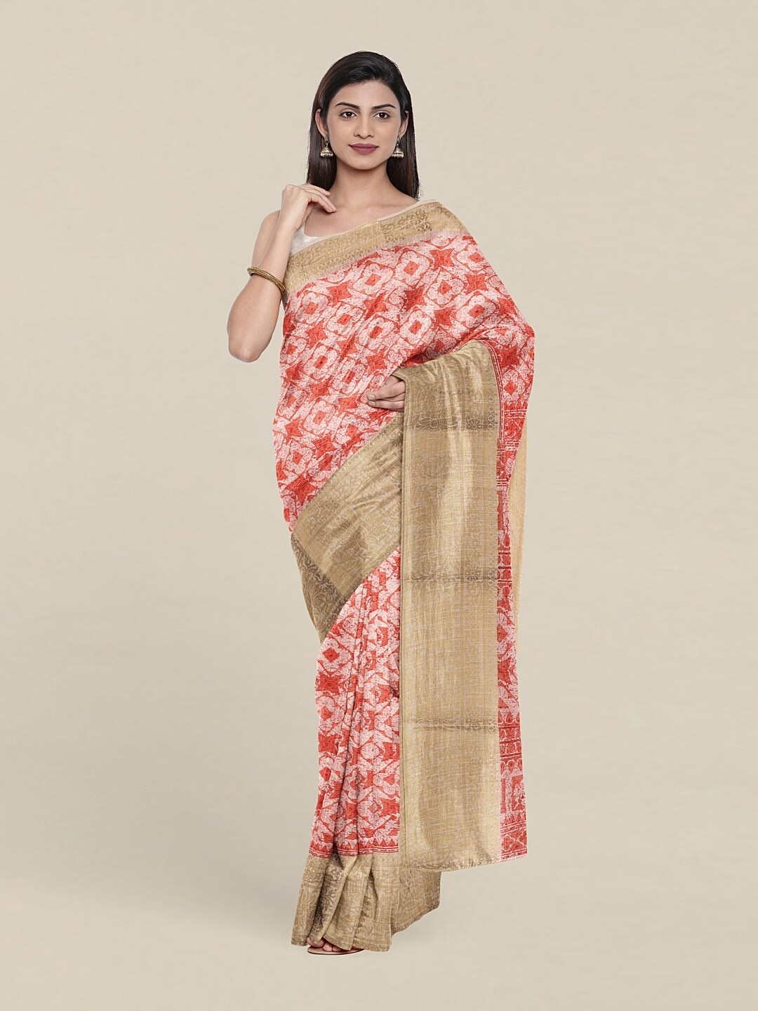 Pothys Peach-Coloured & White Floral Printed Zari Saree