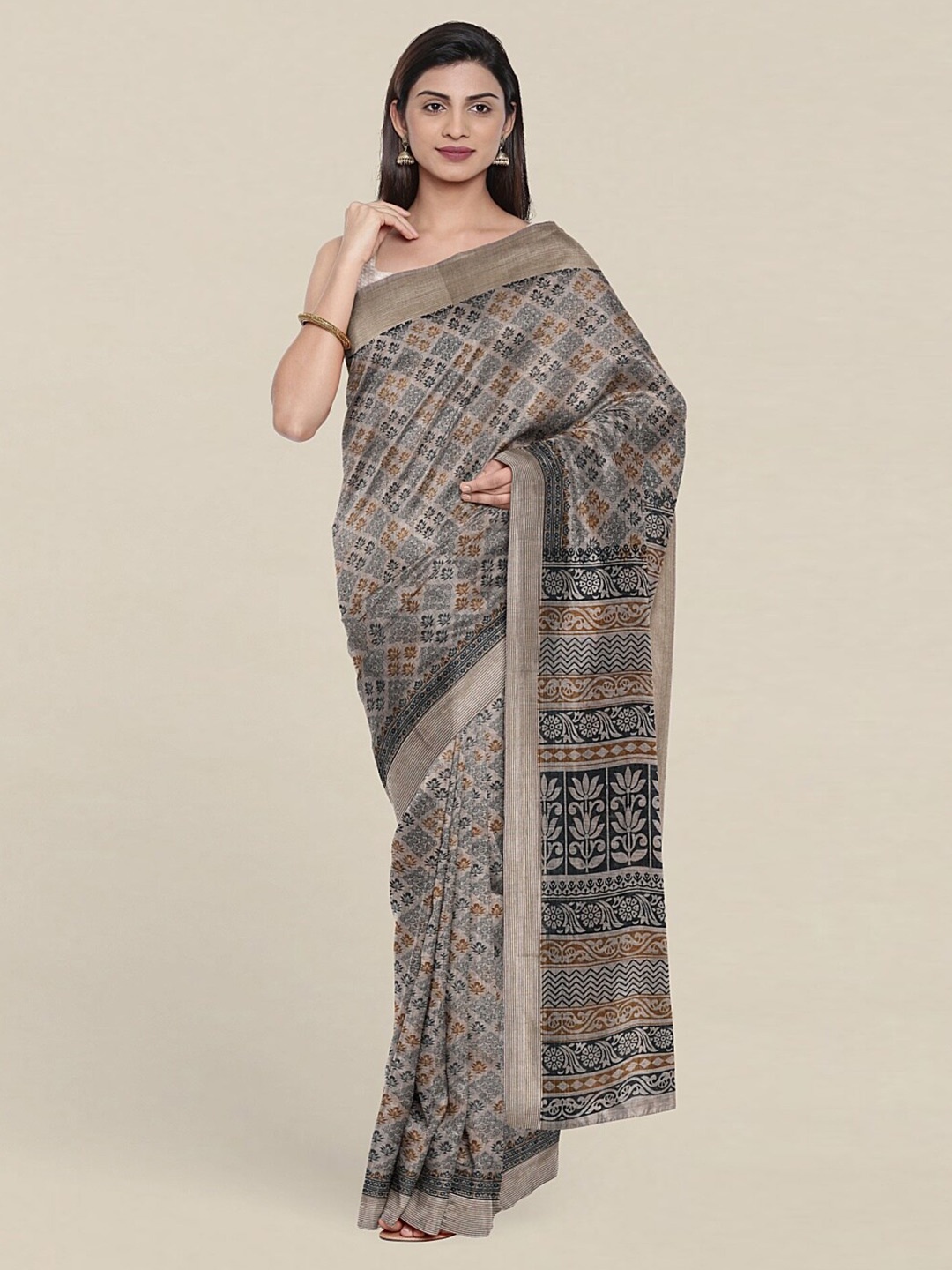 Pothys Grey & Navy Blue Floral Saree