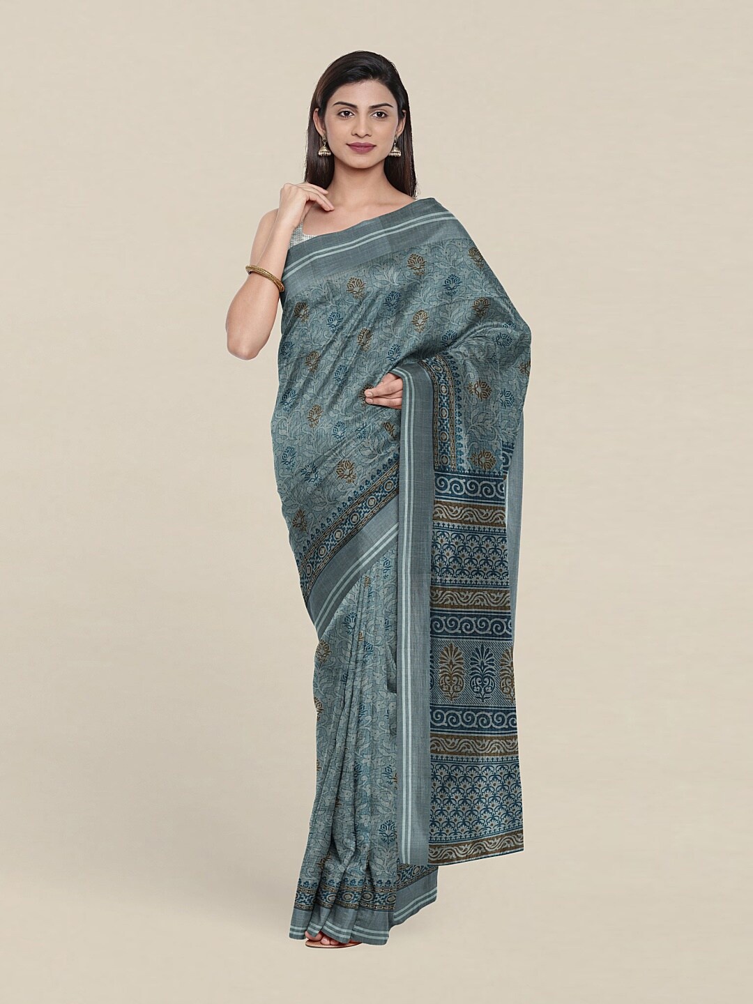 Pothys Blue & Brown Floral Printed Saree