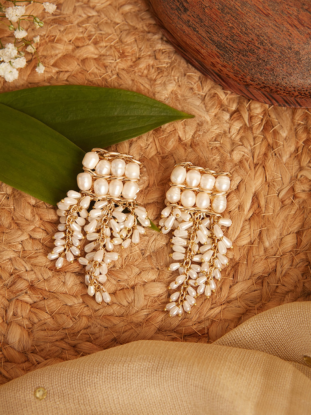 D'oro Gold-Plated Pearls Contemporary Drop Earrings, Off white