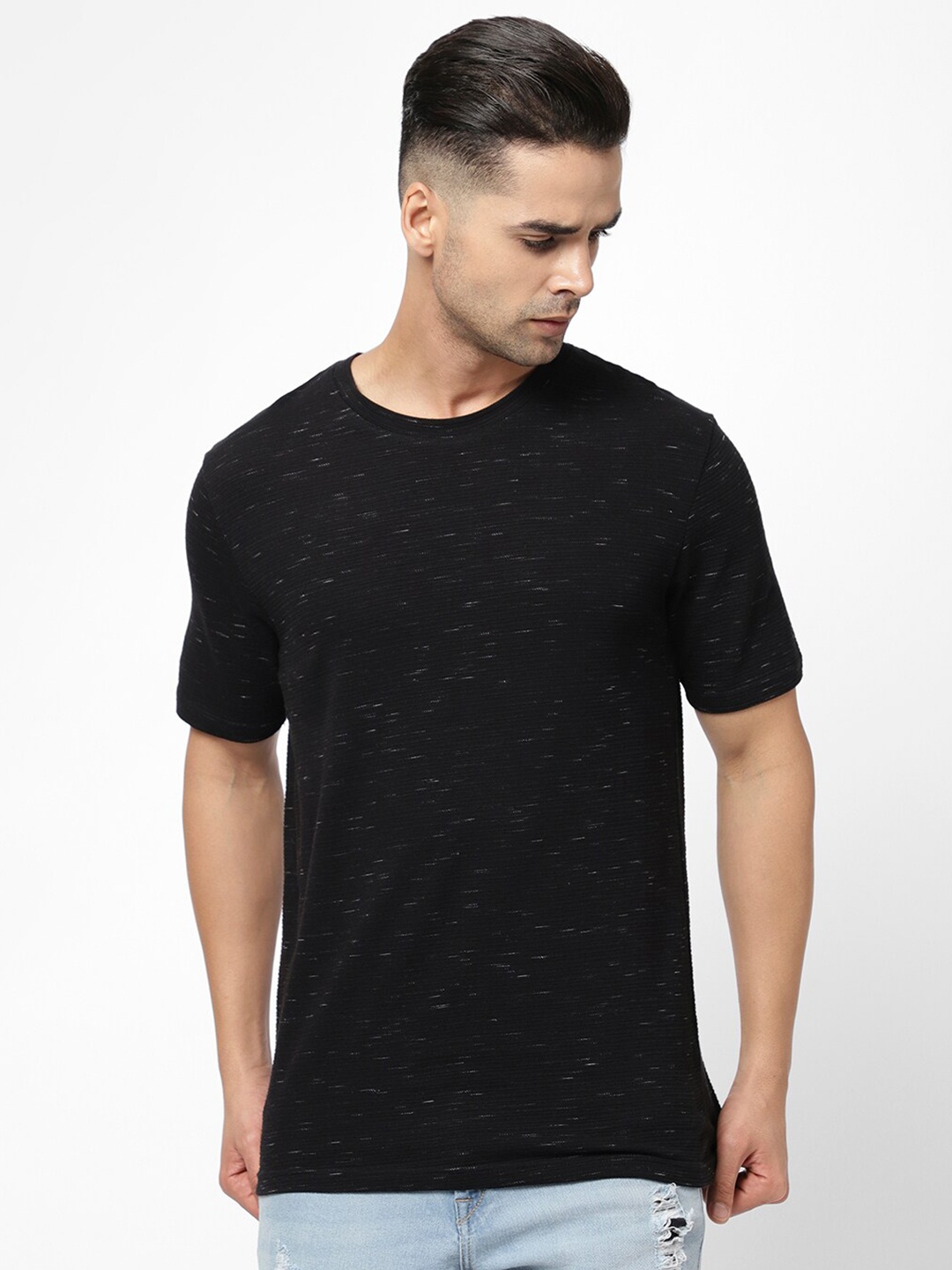 R&B Men Solid Cotton Short Sleeves T-shirt, Black