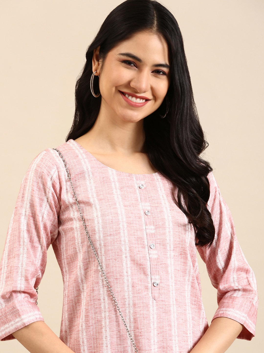 SHOWOFF Women Pink Striped Calf Length Woven Design Peach Round Neck Straight Kurta
SHOWOFF Women Pink Striped Calf Length Woven Design Peach Round Neck Straight Kurta