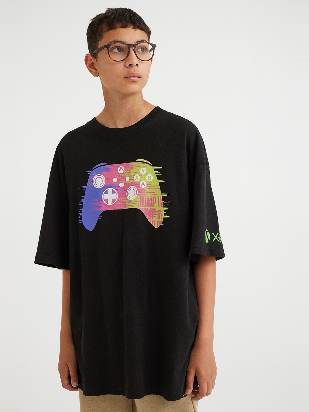 H&M Boys Black Cotton Oversized Printed T-shirt