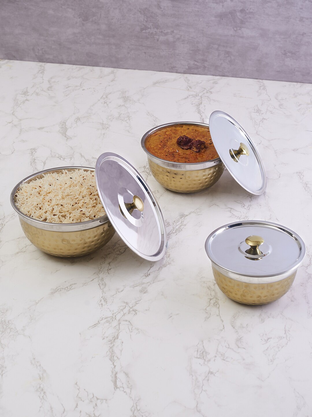 HomeTown Set of 3 Dishwasher And Microwave Safe Steel Storage Containers with Lids, Gold
HomeTown Set of 3 Dishwasher And Microwave Safe Steel Storage Containers with Lids, Gold