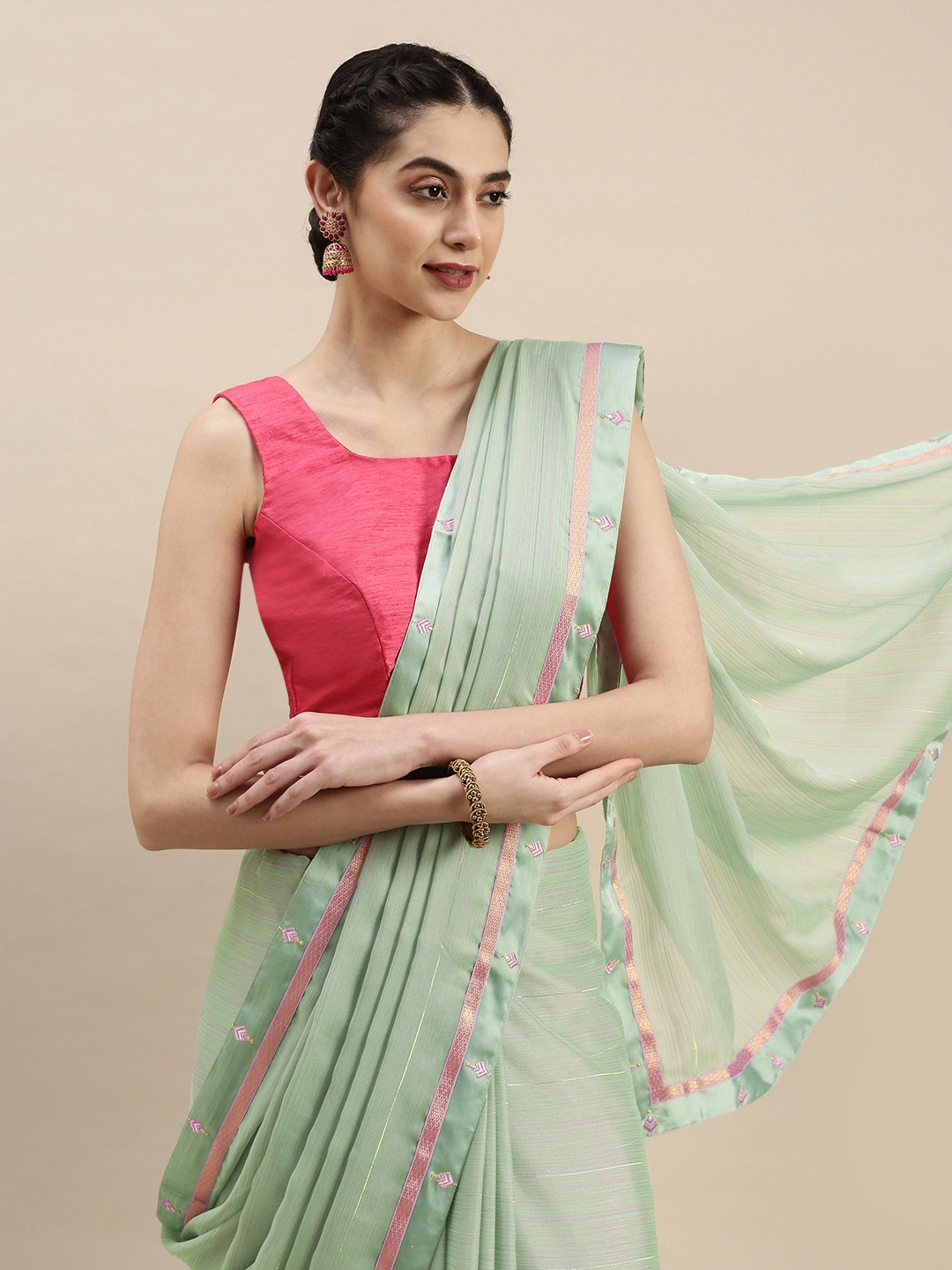 Pothys Green Solid Pure Chiffon Saree