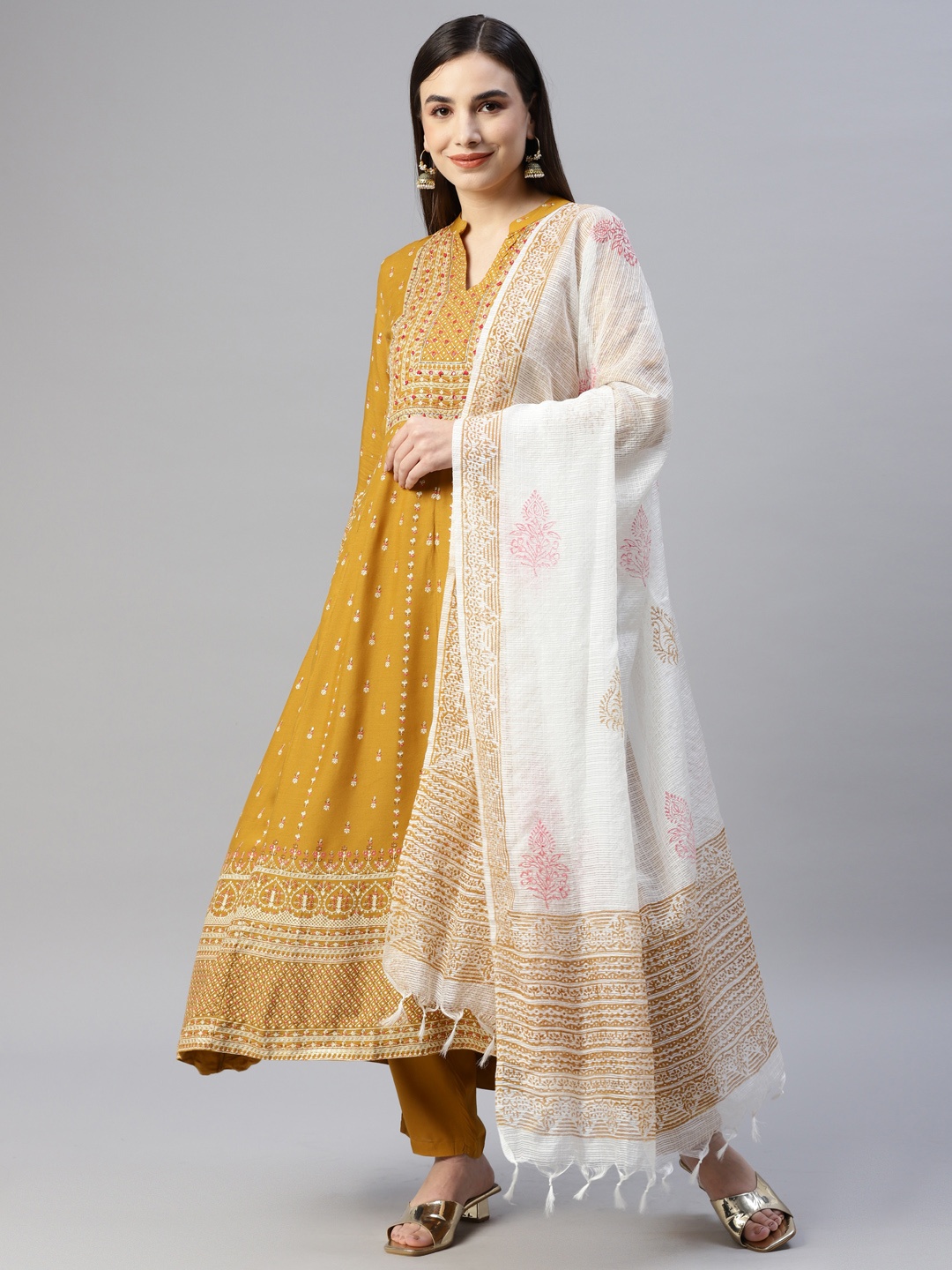 ZOLA Women Mustard Yellow & White Yoke Design Mirror Work Kurta with Trousers & Dupatta