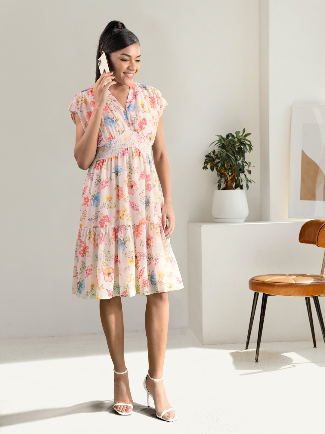 U S Polo Assn Women White & Pink Floral Georgette A-Line Dress