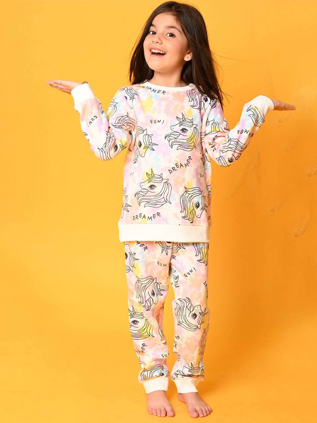 Anthrilo Girls White & Pink Unicorn Tie Dye Fleece Printed Top with Joggers Set
Anthrilo Girls White & Pink Unicorn Tie Dye Fleece Printed Top with Joggers Set