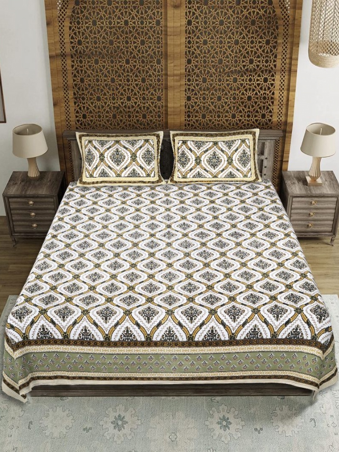 EasyGoods Green & White Cotton Ethnic Motifs 210 TC King Bedsheet with 2 Pillow Covers
EasyGoods Green & White Cotton Ethnic Motifs 210 TC King Bedsheet with 2 Pillow Covers