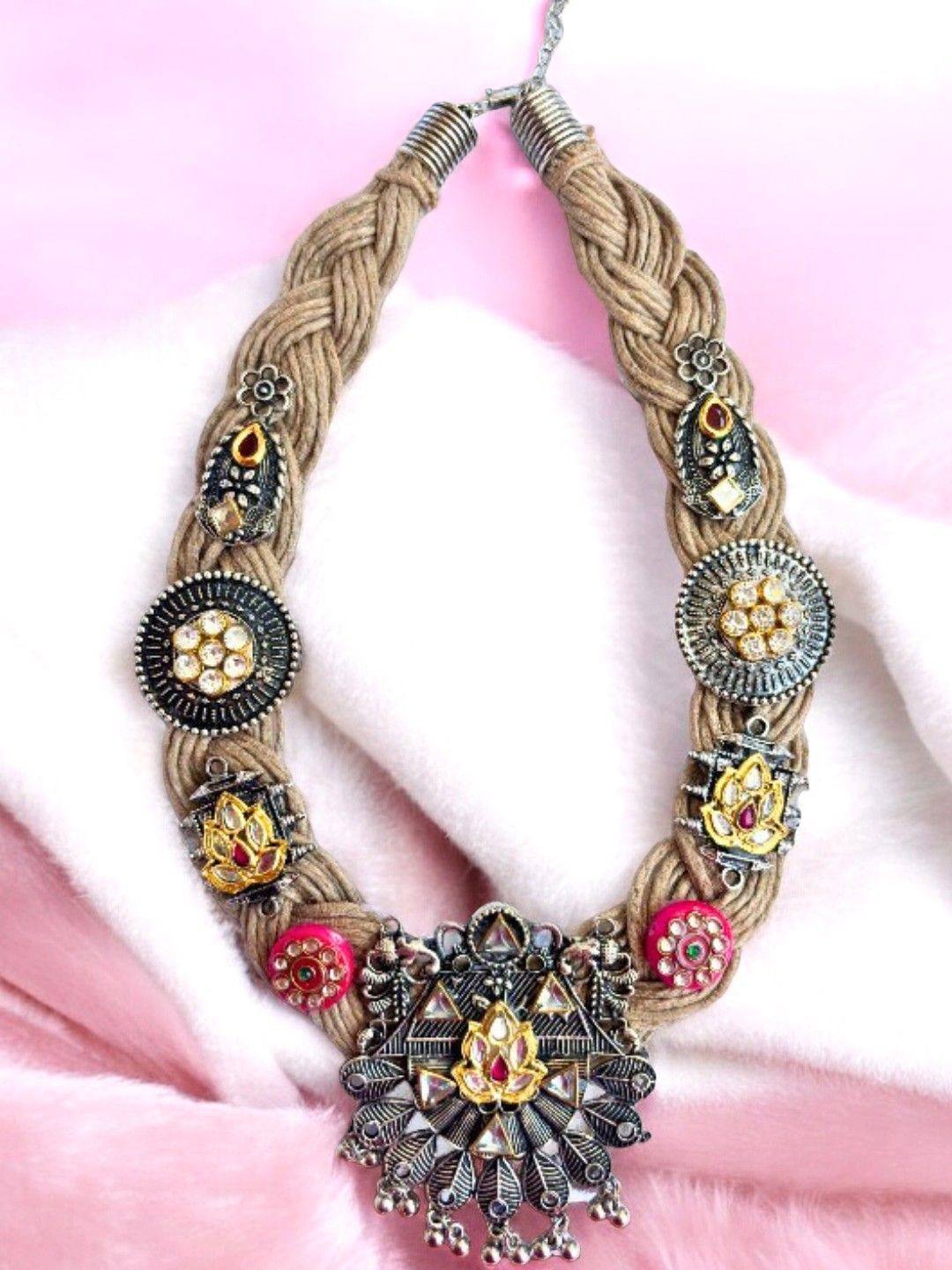 VIVAZS Brass And Jute Oxidised Silver Stone Studded Floral Motif Crochet Necklace, Gold
VIVAZS Brass And Jute Oxidised Silver Stone Studded Floral Motif Crochet Necklace, Gold