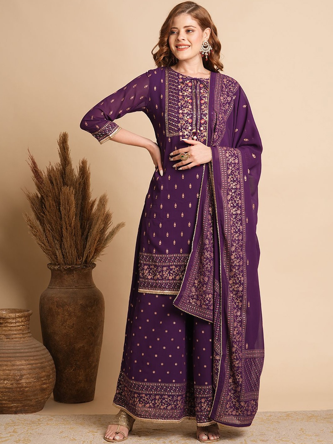 FASHOR Women Floral Printed Regular Thread Work Kurta with Palazzos & With Dupatta, Purple
FASHOR Women Floral Printed Regular Thread Work Kurta with Palazzos & With Dupatta, Purple