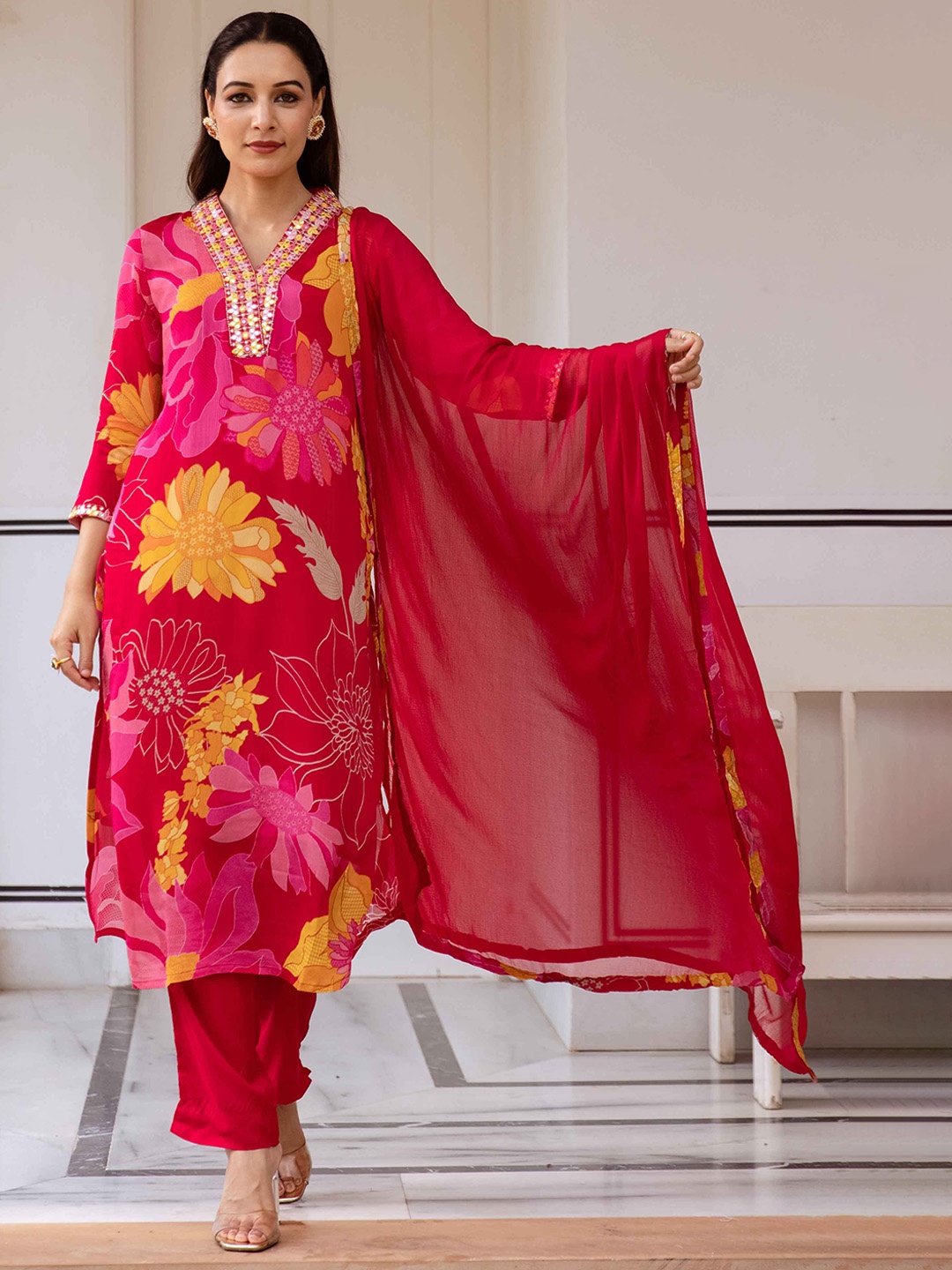 KALINI Women Floral Printed Regular Mirror Work Kurta with Trousers & With Dupatta, Pink
KALINI Women Floral Printed Regular Mirror Work Kurta with Trousers & With Dupatta, Pink