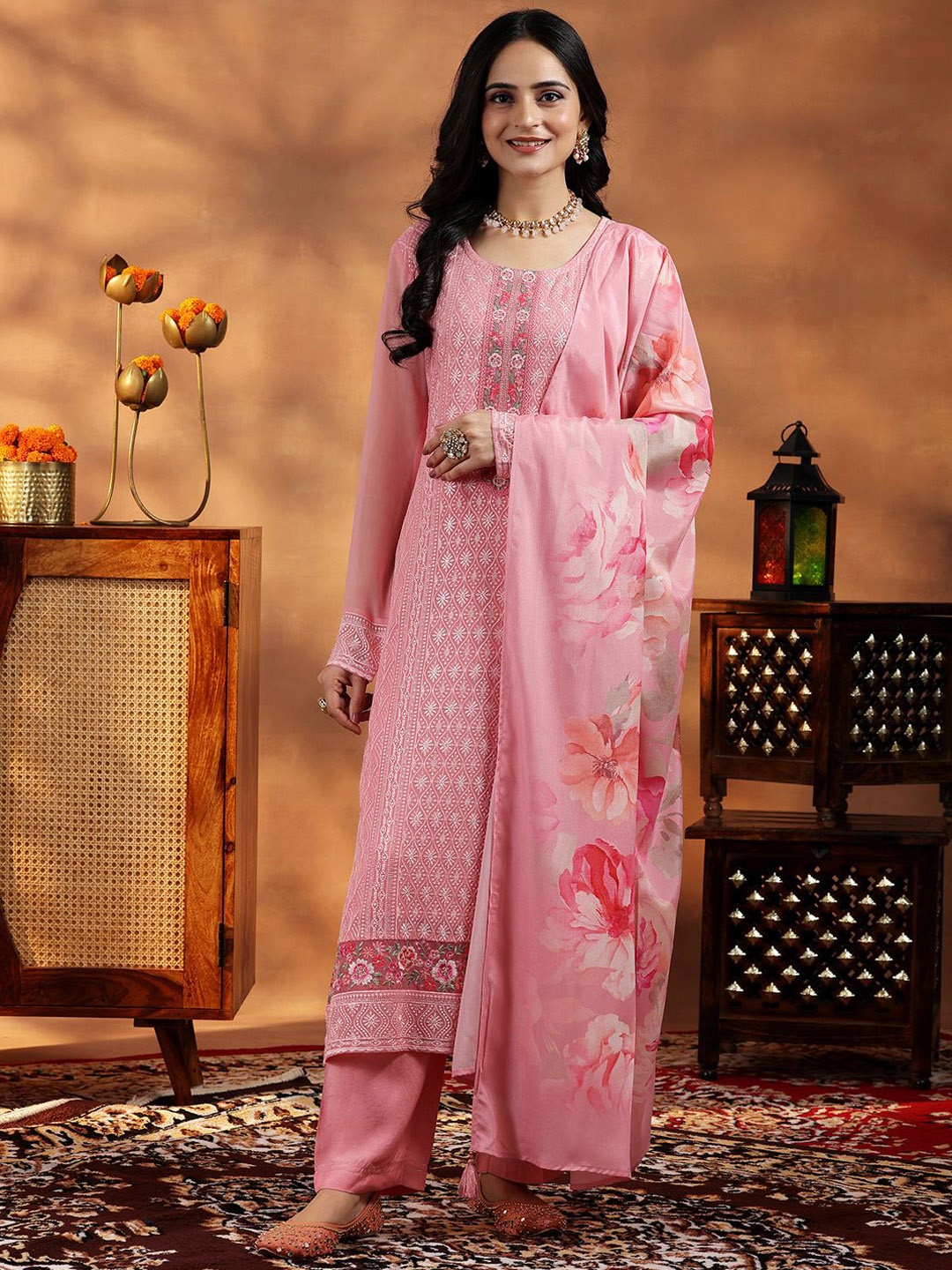 Libas Women Floral Embroidered Regular Thread Work Kurta with Trousers & With Dupatta, Peach
Libas Women Floral Embroidered Regular Thread Work Kurta with Trousers & With Dupatta, Peach