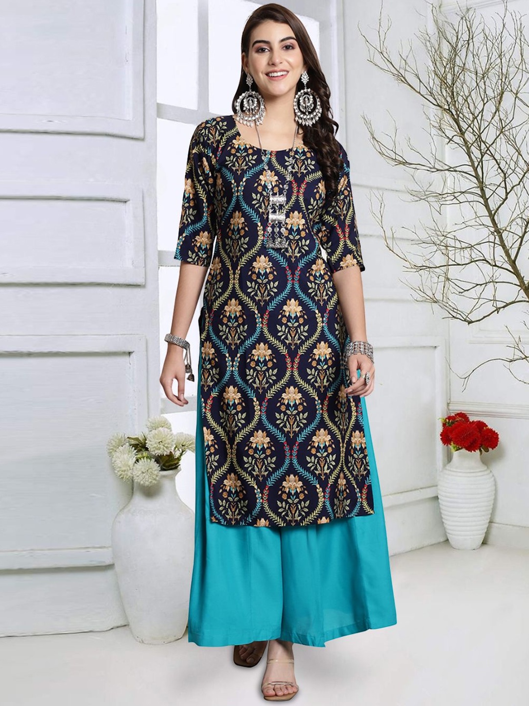 7Threads Women Geometric Printed Cold-Shoulder Sleeves Mirror Work Floral Crepe Kurta, Multi
7Threads Women Geometric Printed Cold-Shoulder Sleeves Mirror Work Floral Crepe Kurta, Multi