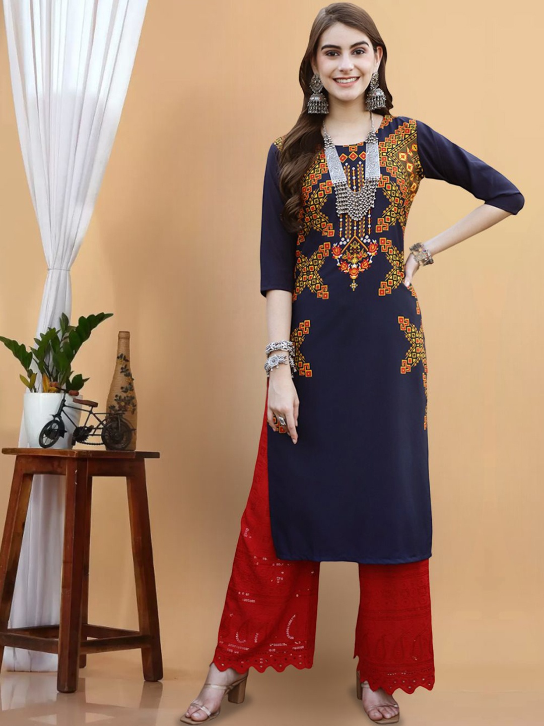 7Threads Women Geometric Printed Flared Sleeves Thread Work Floral Crepe Kurta, Multi
7Threads Women Geometric Printed Flared Sleeves Thread Work Floral Crepe Kurta, Multi