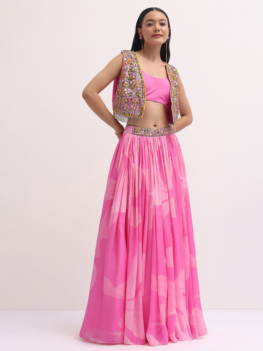 KALKI Fashion Pink Printed Lehenga Choli With Embroidered Jacket
KALKI Fashion Pink Printed Lehenga Choli With Embroidered Jacket