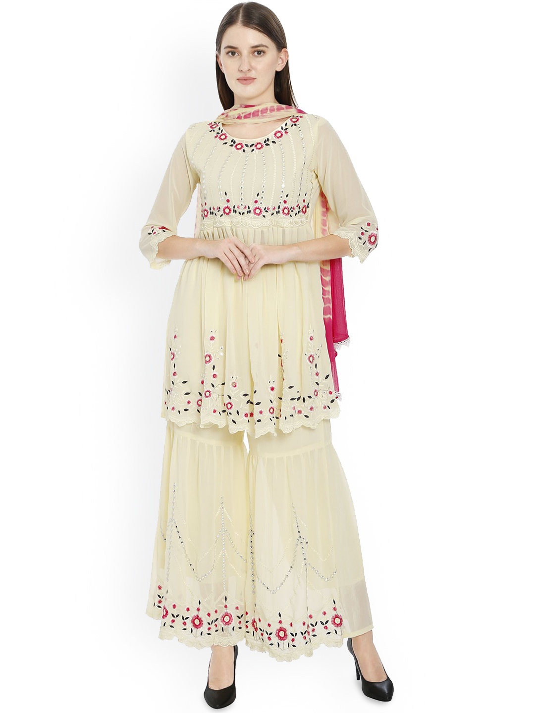 Shree Mohini Collection Women Floral Embroidered Tiered Thread Work Kurta with Sharara & With Dupatta, Yellow
Shree Mohini Collection Women Floral Embroidered Tiered Thread Work Kurta with Sharara & With Dupatta, Yellow