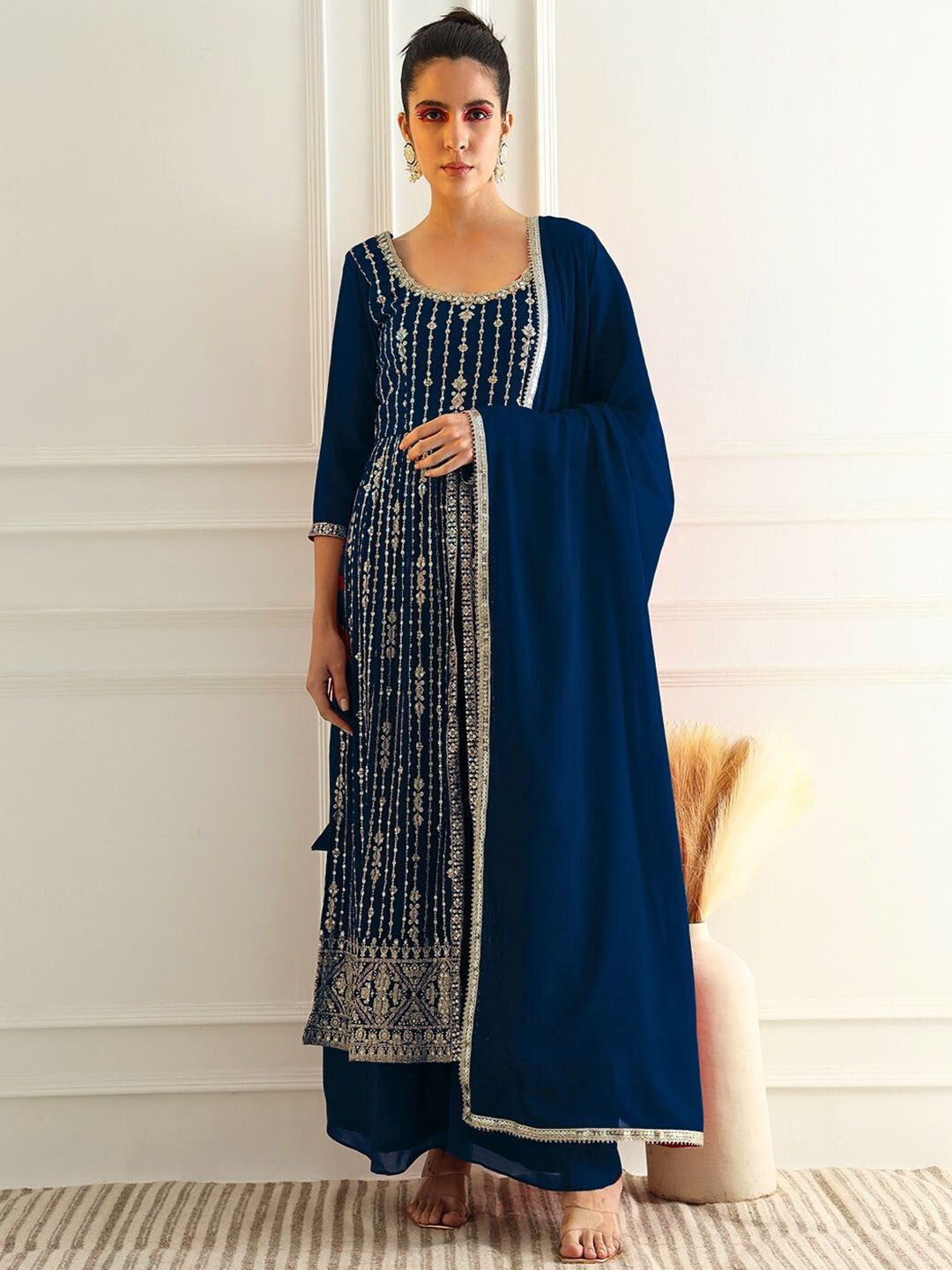 Chhabra 555 High Slit Zari Vertical Embroidered Kurta With Palazzo & Dupatta, Blue
Chhabra 555 High Slit Zari Vertical Embroidered Kurta With Palazzo & Dupatta, Blue