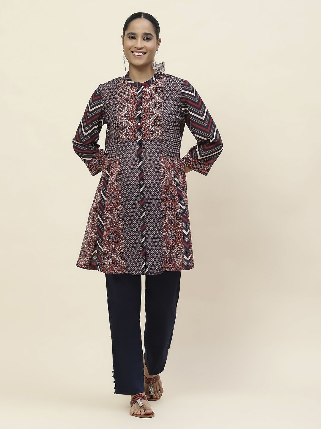 Lakshita Geometric Print Mandarin Collar Georgette Shirt Style Longline Top, Navy blue
Lakshita Geometric Print Mandarin Collar Georgette Shirt Style Longline Top, Navy blue