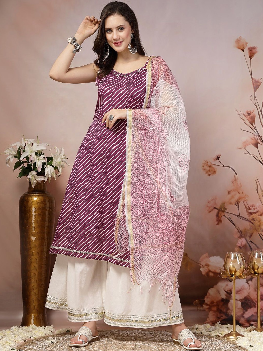 Stylum Women Leheriya Printed Regular Pure Cotton Kurta with Sharara & With Dupatta, Purple
Stylum Women Leheriya Printed Regular Pure Cotton Kurta with Sharara & With Dupatta, Purple