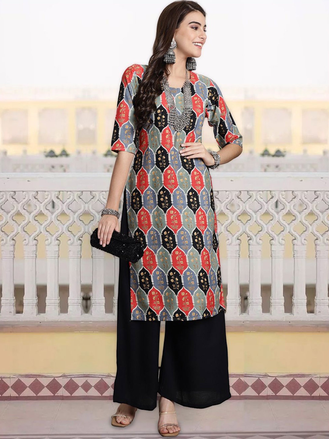 7Threads Women Geometric Printed Flared Sleeves Mirror Work Floral Crepe Anarkali Kurta, Multi
7Threads Women Geometric Printed Flared Sleeves Mirror Work Floral Crepe Anarkali Kurta, Multi