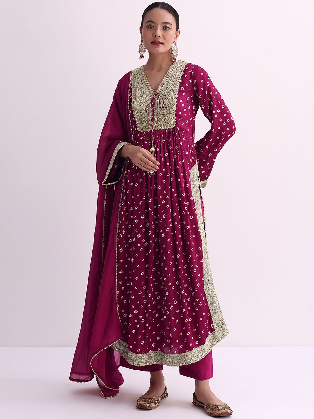 KALKI Fashion Bandhani Printed Thread Work Yoke Bell Sleeves Kurta with Trouser & Dupatta, Magenta
KALKI Fashion Bandhani Printed Thread Work Yoke Bell Sleeves Kurta with Trouser & Dupatta, Magenta