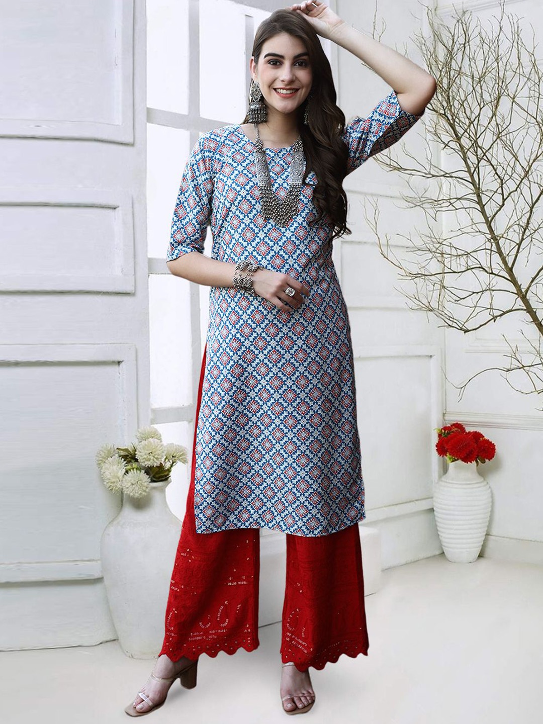 7Threads Women Geometric Printed Keyhole Neck Flared Sleeves Floral Crepe Kurta, Multi
7Threads Women Geometric Printed Keyhole Neck Flared Sleeves Floral Crepe Kurta, Multi