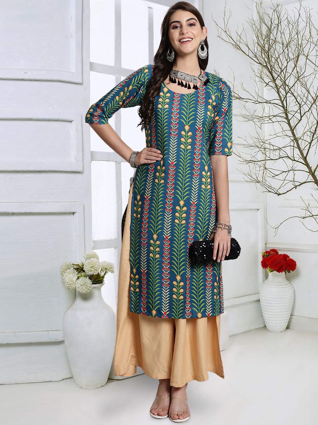 7Threads Women Geometric Striped Flared Sleeves Mirror Work Floral Crepe Kurta, Multi
7Threads Women Geometric Striped Flared Sleeves Mirror Work Floral Crepe Kurta, Multi