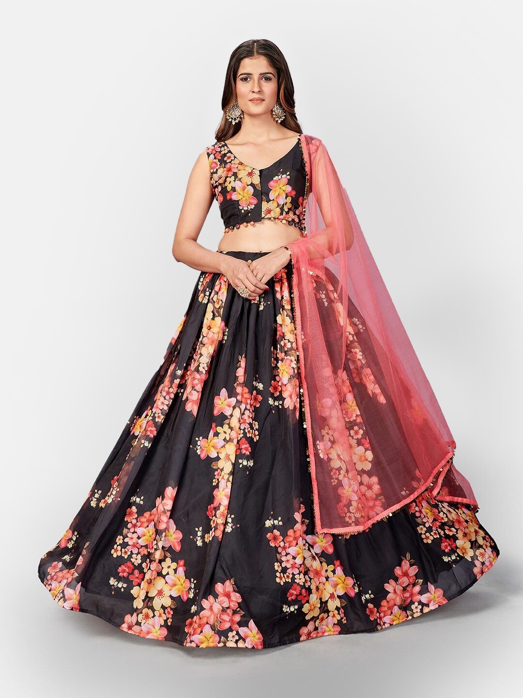 SHOPGARB Floral Printed Semi-Stitched Lehenga & Unstitched Blouse With Dupatta, Black
SHOPGARB Floral Printed Semi-Stitched Lehenga & Unstitched Blouse With Dupatta, Black
