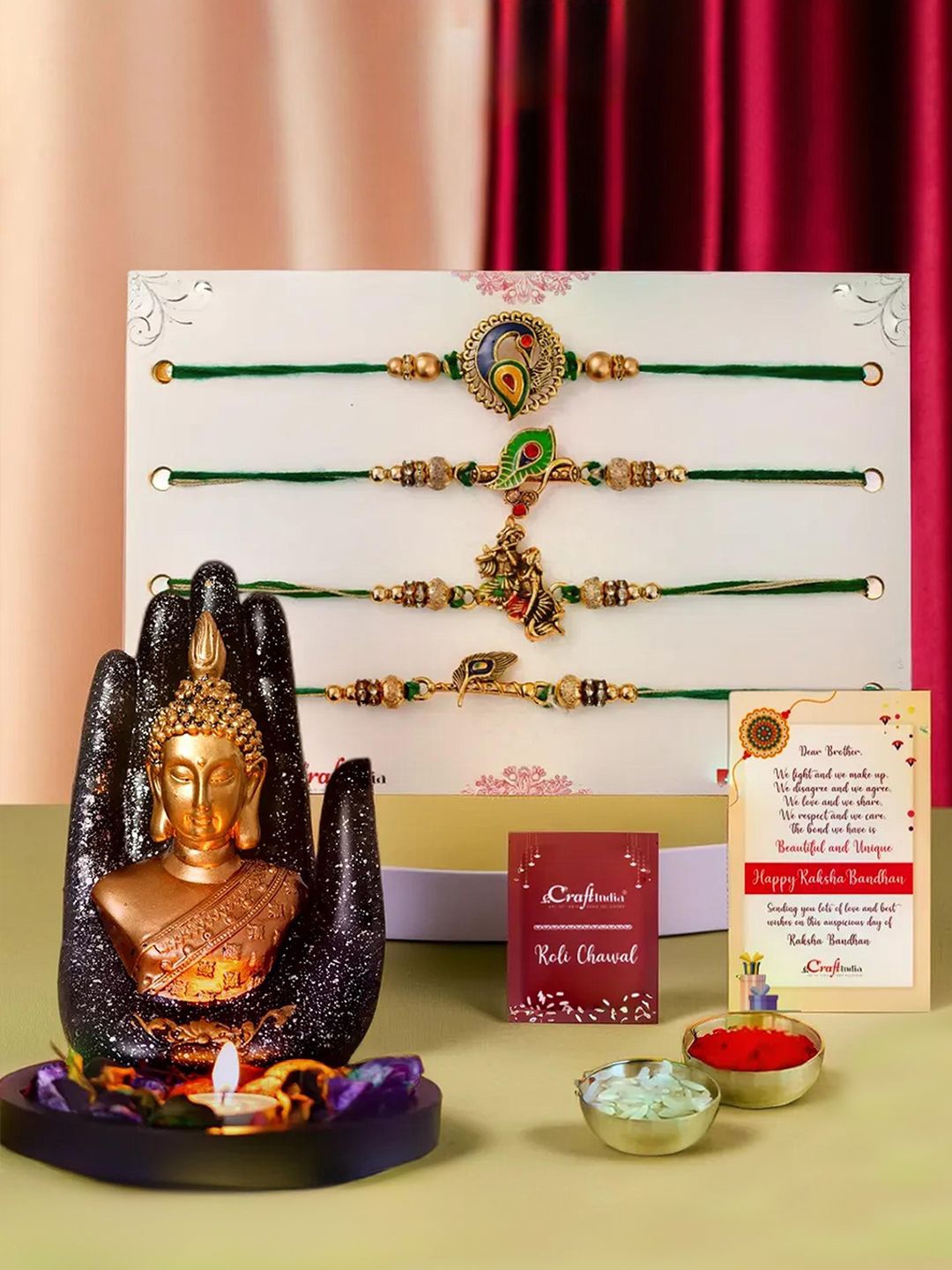 eCraftIndia Set Of 5 Radha Krishna & Peacock Rakhis With Palm Buddha Statue T-Light Holder, Gold
eCraftIndia Set Of 5 Radha Krishna & Peacock Rakhis With Palm Buddha Statue T-Light Holder, Gold
