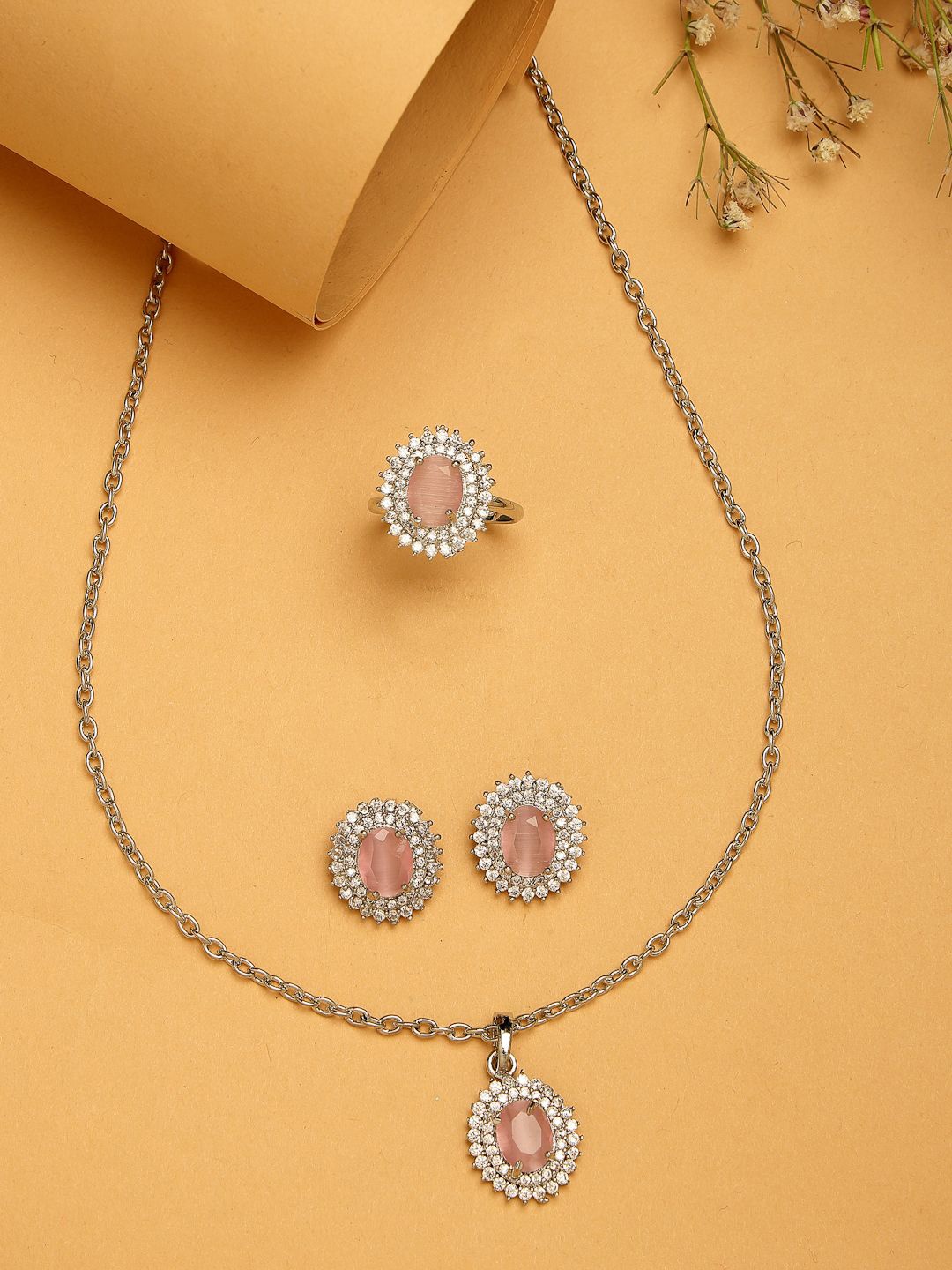 ZENEME Rhodium-Plated American Diamond StuddedOval Halo Necklace and Earrings With Ring, Silver
ZENEME Rhodium-Plated American Diamond StuddedOval Halo Necklace and Earrings With Ring, Silver
